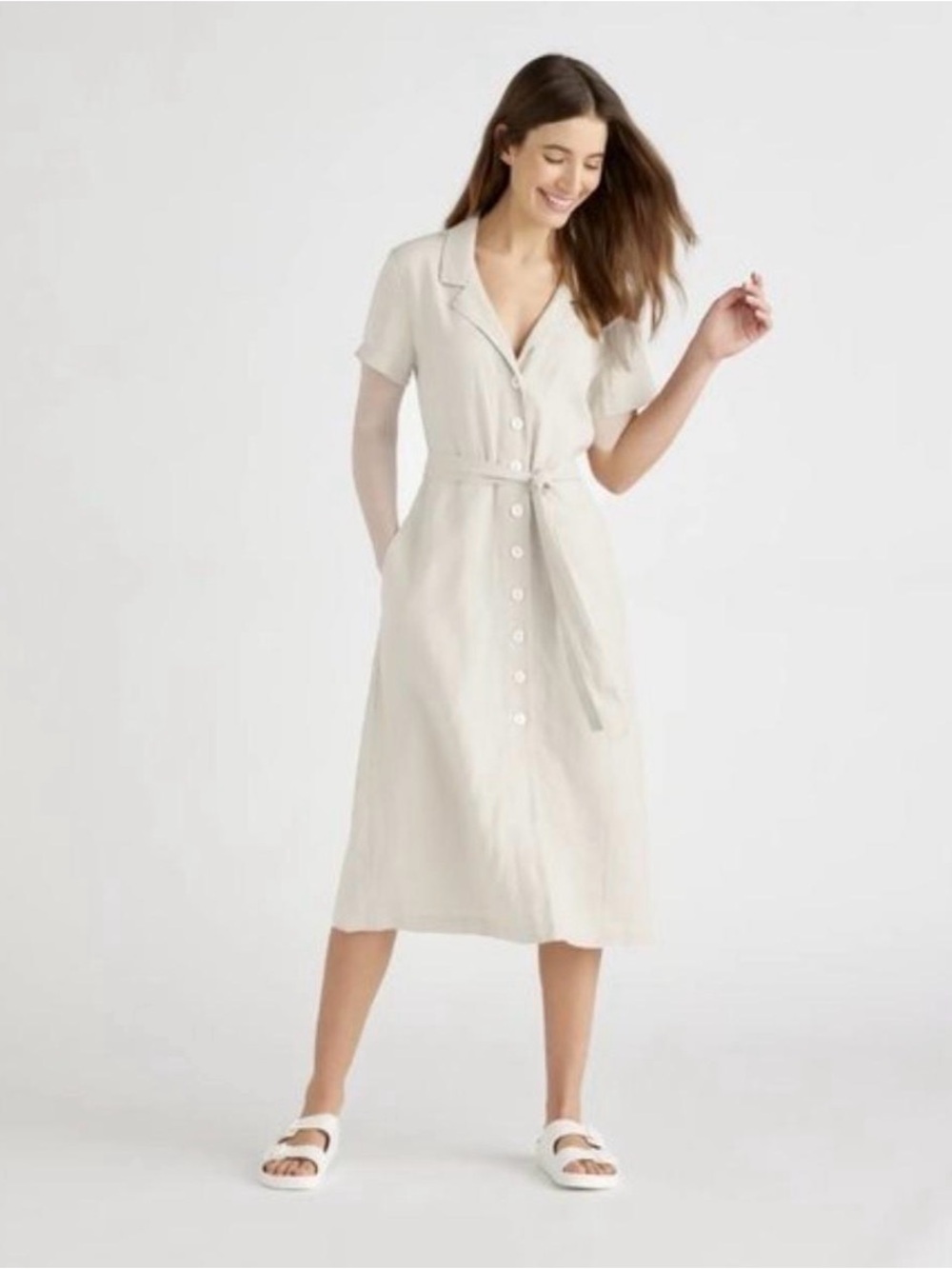 Quince Button-Front Midi Dress in Light Beige